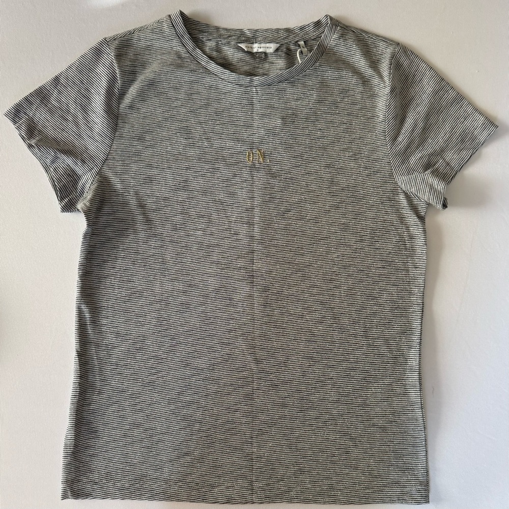 DISTRIKT NØRREBRO Black and White Striped Tee with Gold ON. Embroidery - Size S